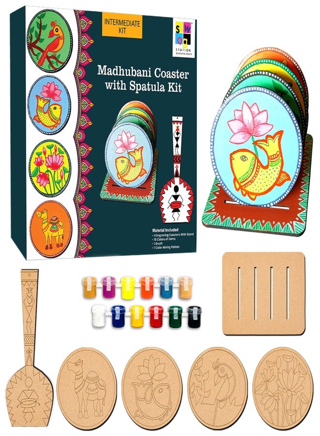 SWAGSTATION Madhubani Art Kit,Pre Marked Tea Coaster with Spatula for Painting,Birthday Gifts for Girls 9-12, Art kit for Adults,Coaster with Spatula Kit - 07 - Image 1