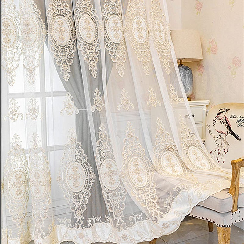 Amidoudou 1 Pair European Double Layer Curtains with Valances for Living Room Bedroom Luxury 3D Flower Embroidered Curtains (Grey,52x90 Inch) - Image 5
