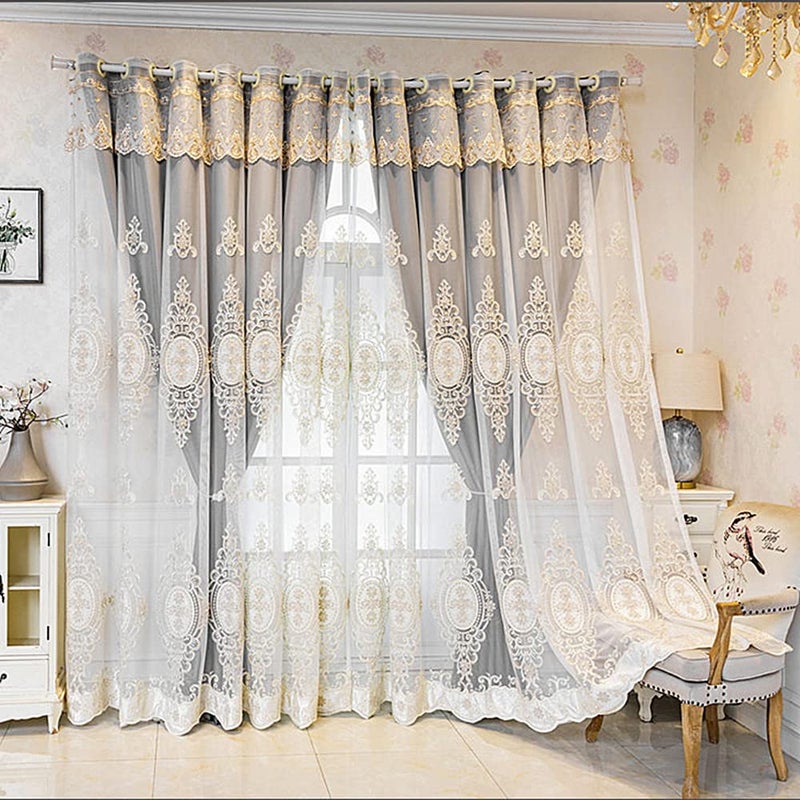 Amidoudou 1 Pair European Double Layer Curtains with Valances for Living Room Bedroom Luxury 3D Flower Embroidered Curtains (Grey,52x90 Inch) - Image 2