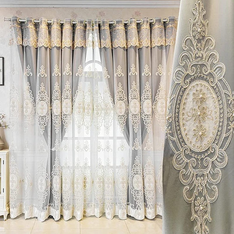 Amidoudou 1 Pair European Double Layer Curtains with Valances for Living Room Bedroom Luxury 3D Flower Embroidered Curtains (Grey,52x90 Inch) - Image 1