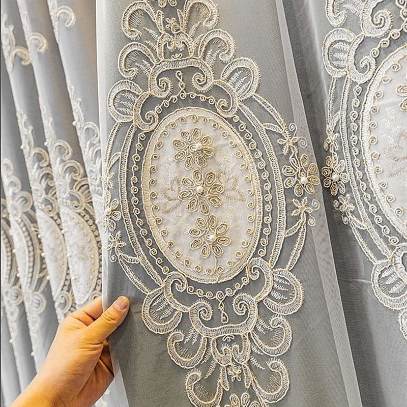 Amidoudou 1 Pair European Double Layer Curtains with Valances for Living Room Bedroom Luxury 3D Flower Embroidered Curtains (Grey,52x90 Inch) - Image 4
