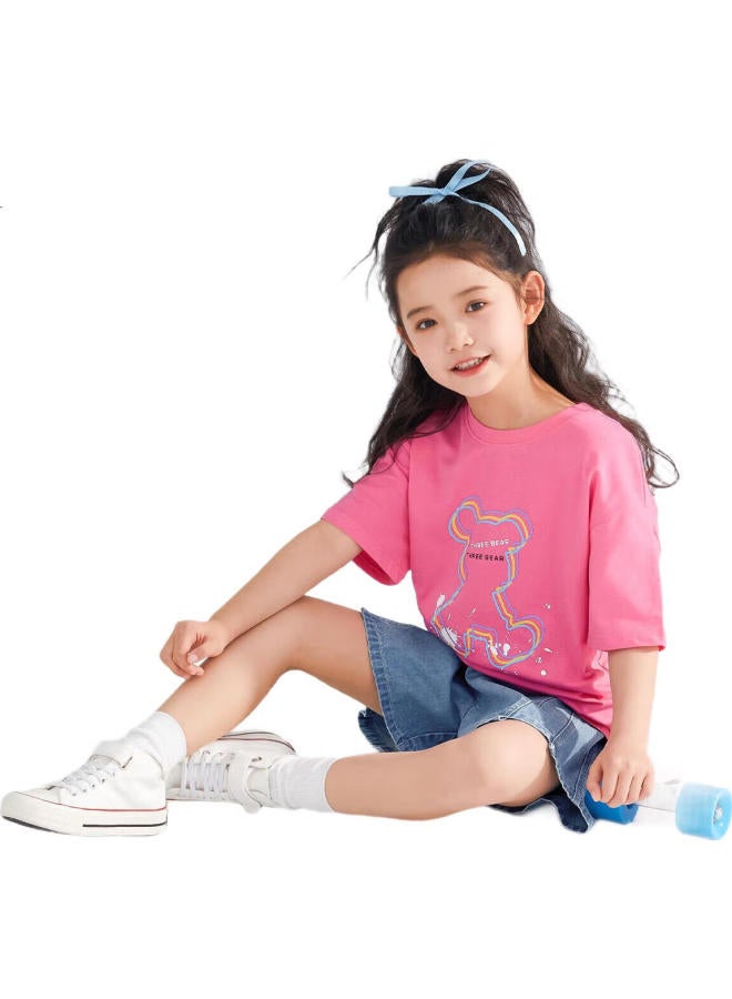 Qq Duck Children'S Short Sleeve T-Shirt Girls' Summer Sweatshirt Students Teenagers Clothes Little Bear T Pink; 140 - Image 1