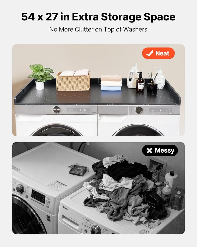 VEVOR Washer Dryer Countertop with 3 Splicing Panels, 54" x 27" Wooden Washer and Dryer Countertop with 2 Hooks, Water-Resistant Laundry Topper for Laundry Room Organization and Storage, Black Marble - Image 3
