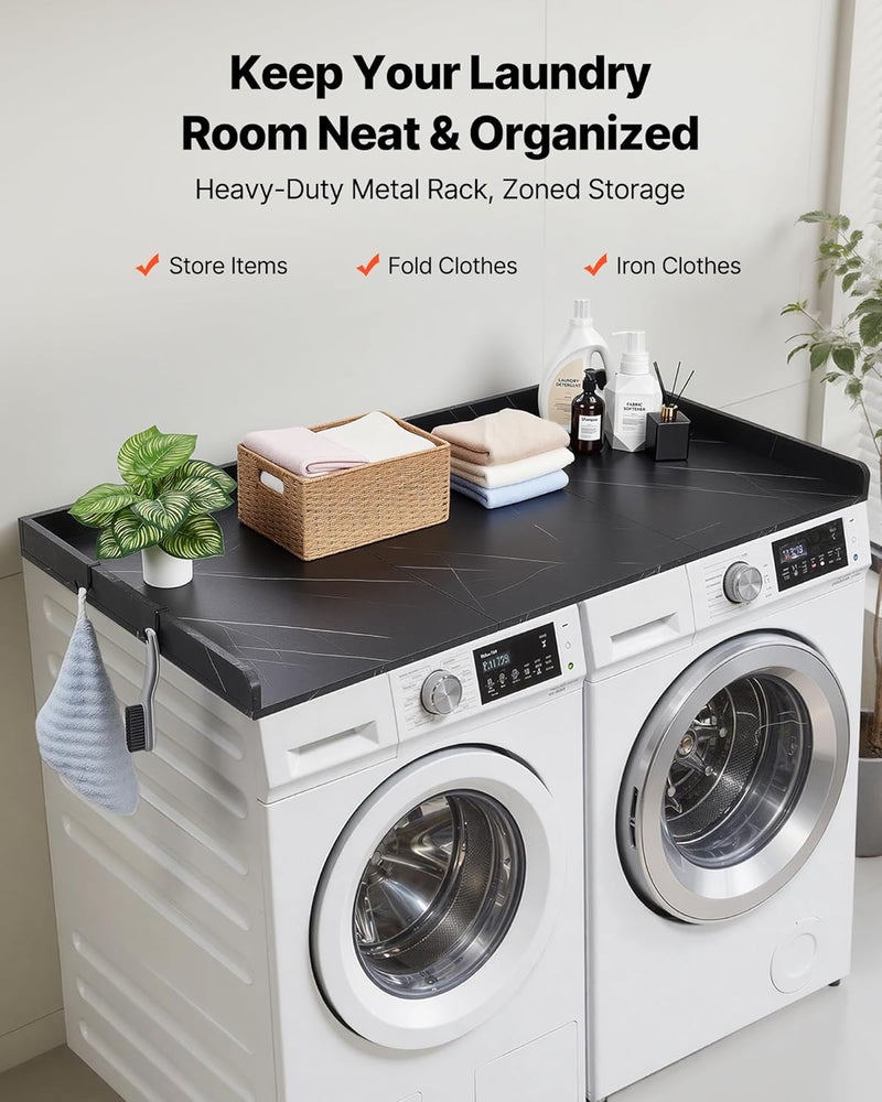 VEVOR Washer Dryer Countertop with 3 Splicing Panels, 54" x 27" Wooden Washer and Dryer Countertop with 2 Hooks, Water-Resistant Laundry Topper for Laundry Room Organization and Storage, Black Marble - Image 2