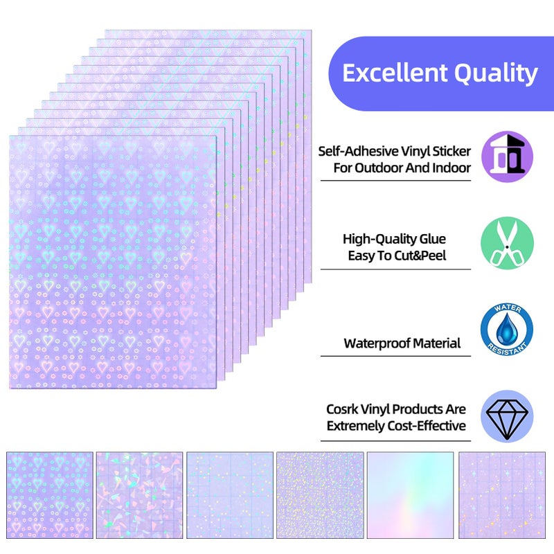 Cosrk 36 Sheets Holographic Sticker Paper, Clear Vinyl Lamination Sticker Film Self Adhesive, Transparent Overlay Laminate Sticker Paper Waterproof-Gem/Dots/Sand Star/Rainbow/Star/Heart, 8.5x11 Inch - Image 2
