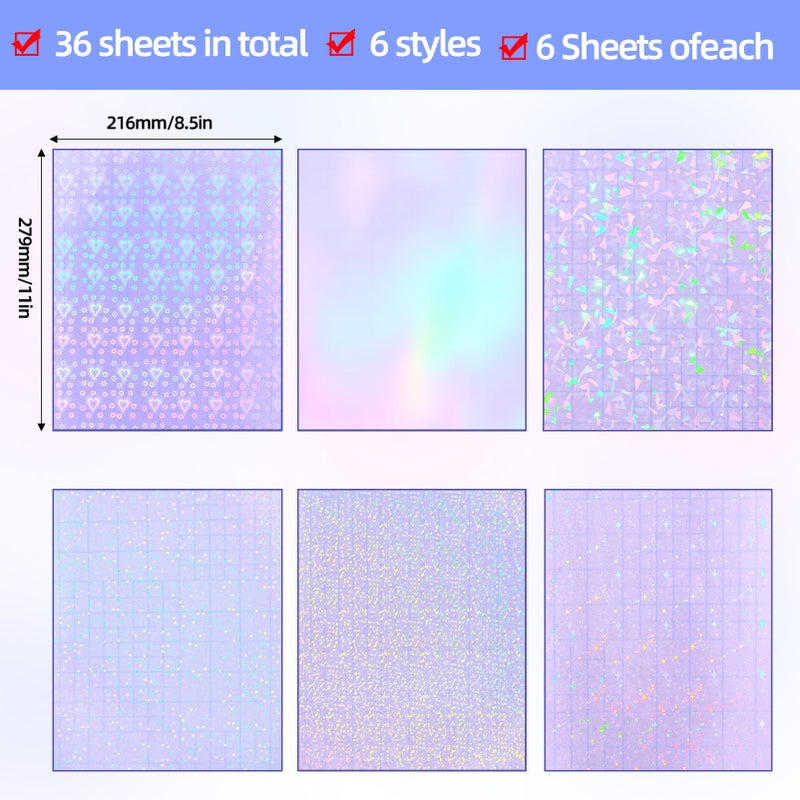 Cosrk 36 Sheets Holographic Sticker Paper, Clear Vinyl Lamination Sticker Film Self Adhesive, Transparent Overlay Laminate Sticker Paper Waterproof-Gem/Dots/Sand Star/Rainbow/Star/Heart, 8.5x11 Inch - Image 3