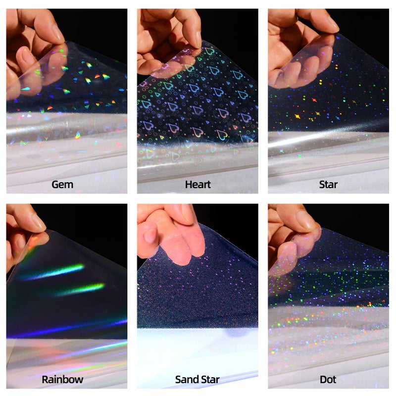 Cosrk 36 Sheets Holographic Sticker Paper, Clear Vinyl Lamination Sticker Film Self Adhesive, Transparent Overlay Laminate Sticker Paper Waterproof-Gem/Dots/Sand Star/Rainbow/Star/Heart, 8.5x11 Inch - Image 4