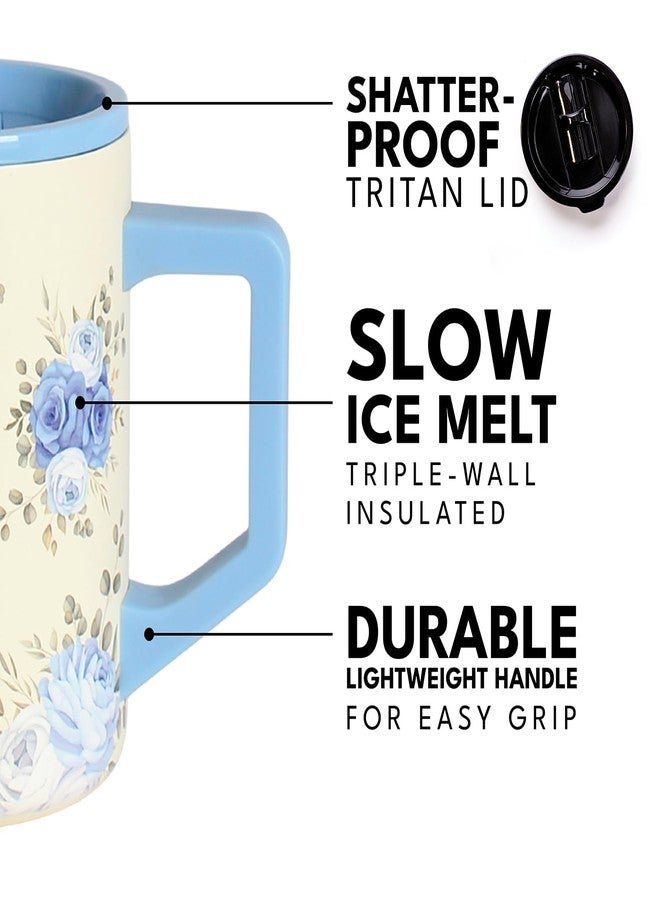 Elemental Insulated Coffee Mug - Triple-Wall Stainless Steel Summit Travel Cup for Hot and Cold Drinks - Thermal Coffee Mug with Lid and Handle for Camping, Office & Travel 16oz - Blue Blooms - Image 5