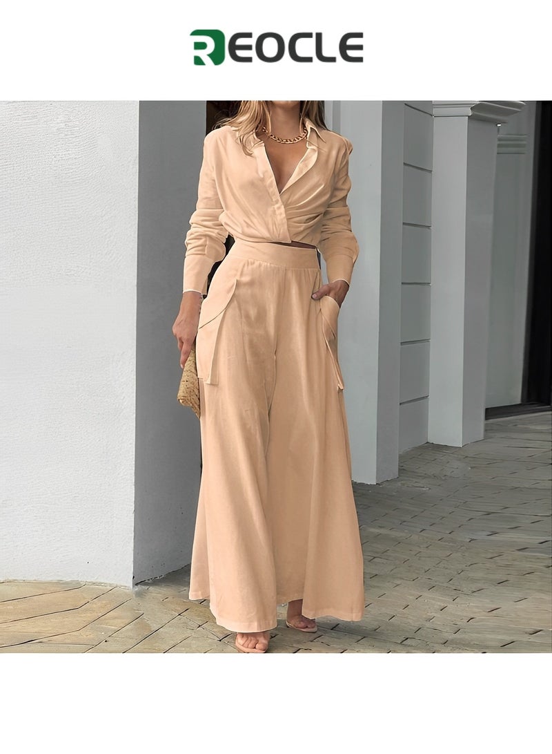 REOCLE Spring and Autumn Women's Casual Two-piece Solid Color Temperament Commuting Loose Pocket Fashion Casual Suit Slim Waist - Image 5