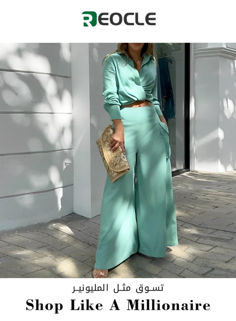 REOCLE Spring and Autumn Women's Casual Two-piece Solid Color Temperament Commuting Loose Pocket Fashion Casual Suit Slim Waist - Image 1