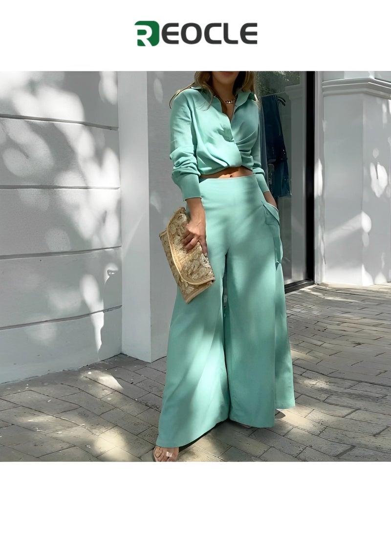 REOCLE Spring and Autumn Women's Casual Two-piece Solid Color Temperament Commuting Loose Pocket Fashion Casual Suit Slim Waist - Image 2