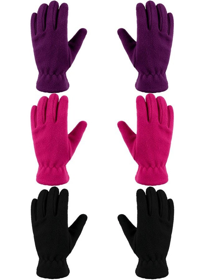 Geyoga 3 Pairs Kids Fleece Gloves Winter Warm Gloves Full Fingers Gloves Toddler Baby Mittens for Boy Girl Outdoors Activities, Black, Purple,rose Red, Medium (8-12 Years) - Image 1