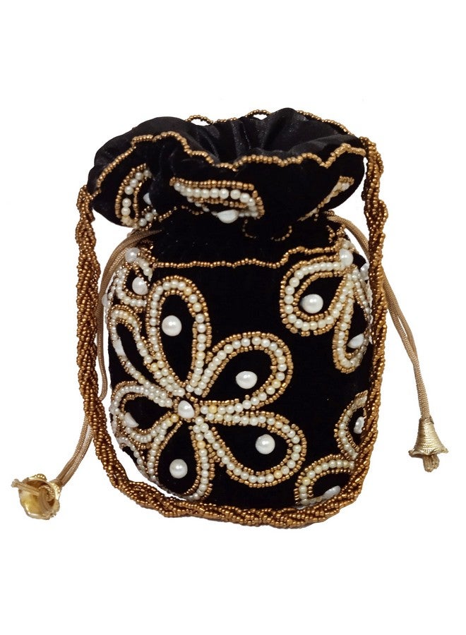 Purpledip Chenille Potli Bag (Clutch Drawstring Purse): Intricate Bead Work Satchel Handbag Black (12396A)  - Image 1