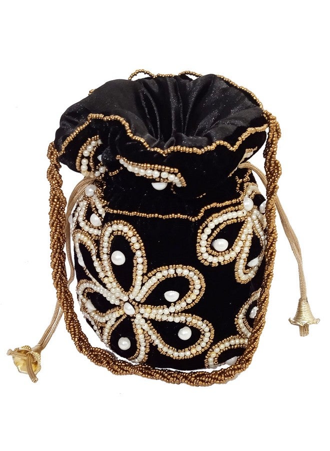 Purpledip Chenille Potli Bag (Clutch Drawstring Purse): Intricate Bead Work Satchel Handbag Black (12396A)  - Image 3
