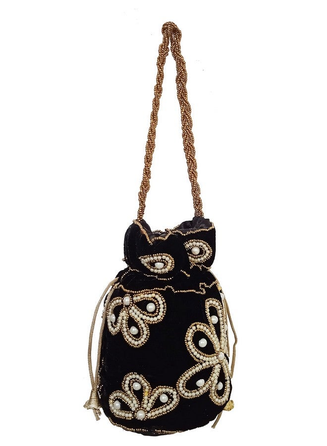 Purpledip Chenille Potli Bag (Clutch Drawstring Purse): Intricate Bead Work Satchel Handbag Black (12396A)  - Image 2