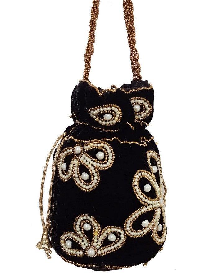 Purpledip Chenille Potli Bag (Clutch Drawstring Purse): Intricate Bead Work Satchel Handbag Black (12396A)  - Image 4