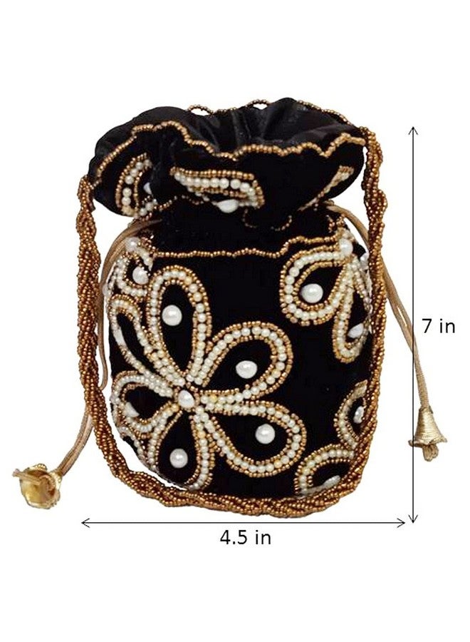 Purpledip Chenille Potli Bag (Clutch Drawstring Purse): Intricate Bead Work Satchel Handbag Black (12396A)  - Image 5