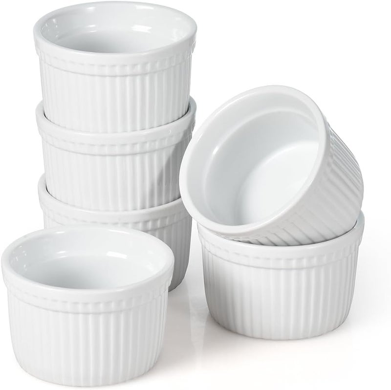 WishDeco Ramekins Set of 6, Ceramic Creme Brulee Ramekins 7 oz / 200 ml, White Dipping Sauce Dishes, Ramekin Bowls for Baking, Souffle, Custard Pudding, Cake, Oven Safe - Image 1