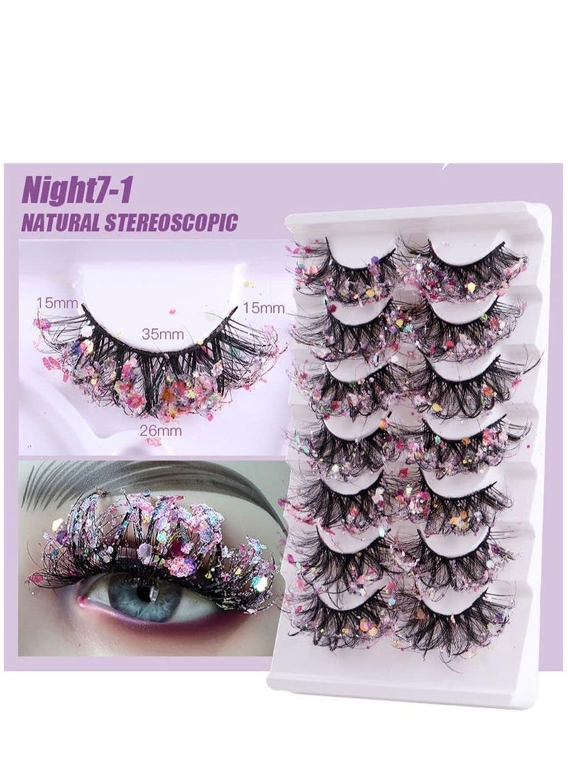 Excefore 7 Pairs Night Luminous Glitter False Eyelashes Wispy Faux Mink Lashes Colored Eyelashes Dramatic Lashes for Party Stage Cosplay - Image 3