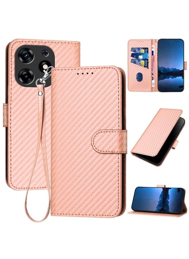erorex For Tecno Spark 10 Pro YX0070 Carbon Fiber Buckle Leather Phone Case with Lanyard(Pink) 