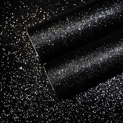CHIHUT Black Glitter Contact Paper 15.7''x236'' Self Adhesive Black Glitter Wallpaper Roll Removable Glitter Fabric Wall Paper Sparkle Peel and Stick Wallpaper Decorative for Bedroom Accent Walls - Image 1