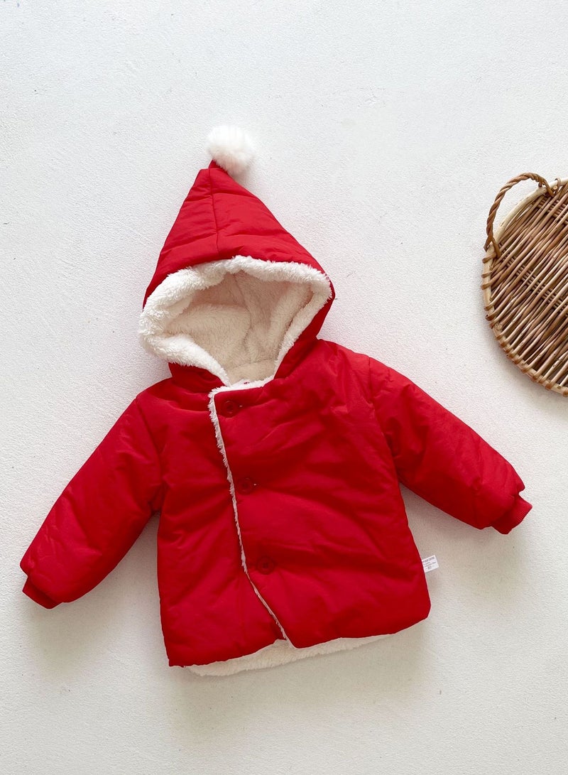 2023 Winter Plush Warm Baby Coat Cute 3D Hooded Jacket Red
