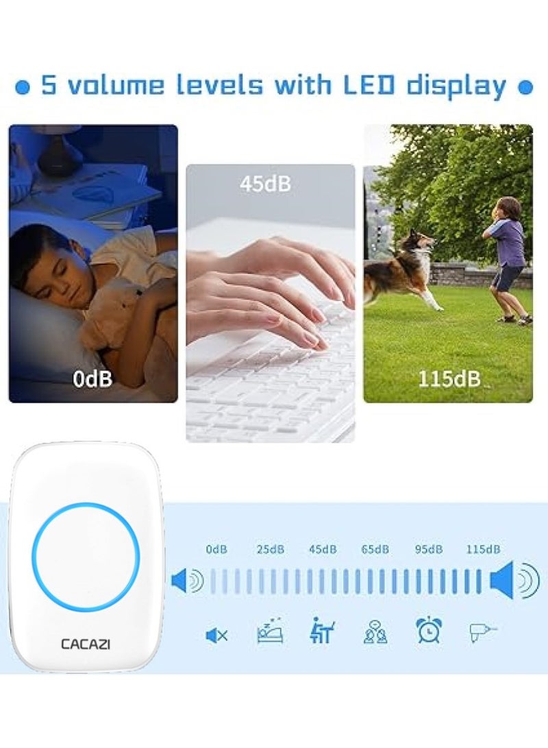 CACAZI Wireless Doorbell ,Waterproof Mini Doorbell, 110dB Mute Mode, Waterproof Door Bell Kit,Over 1000 feet Range, 60 Door Chimes   5 Levels Volume and LED Flash, for Home Office Classroom - Image 4