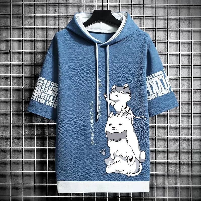 2022 Summer Mens Hooded Short Sleeve Sweatshirt Casual Solid Color Tee Blue  - Image 1