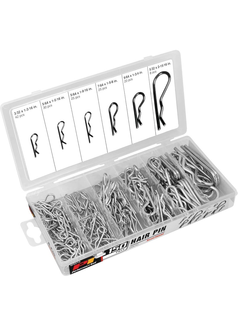 Performance Tool Performance Tool W5210 Hair Pin Assortment Kit 150 Piece  Zinc Plated Steel Clips  For Use on Hitch Pin Lock System 