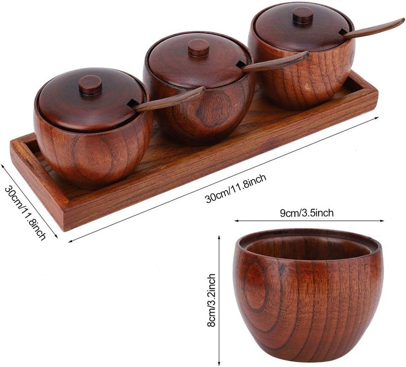 AUDBUA Retro Hard Wood Condiment Jar Set Spice Storage Containers with Wood Lids and Wooden Spoon Kitchen Canister With 3 pcs Wood Spice Condiment Jars Salt Box - Image 3