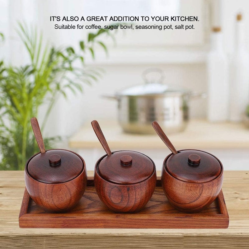 AUDBUA Retro Hard Wood Condiment Jar Set Spice Storage Containers with Wood Lids and Wooden Spoon Kitchen Canister With 3 pcs Wood Spice Condiment Jars Salt Box - Image 4