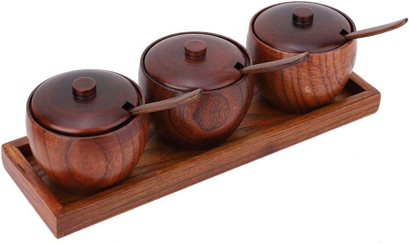 AUDBUA Retro Hard Wood Condiment Jar Set Spice Storage Containers with Wood Lids and Wooden Spoon Kitchen Canister With 3 pcs Wood Spice Condiment Jars Salt Box - Image 1