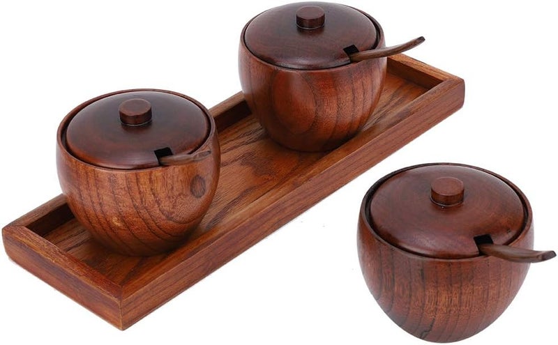 AUDBUA Retro Hard Wood Condiment Jar Set Spice Storage Containers with Wood Lids and Wooden Spoon Kitchen Canister With 3 pcs Wood Spice Condiment Jars Salt Box - Image 5