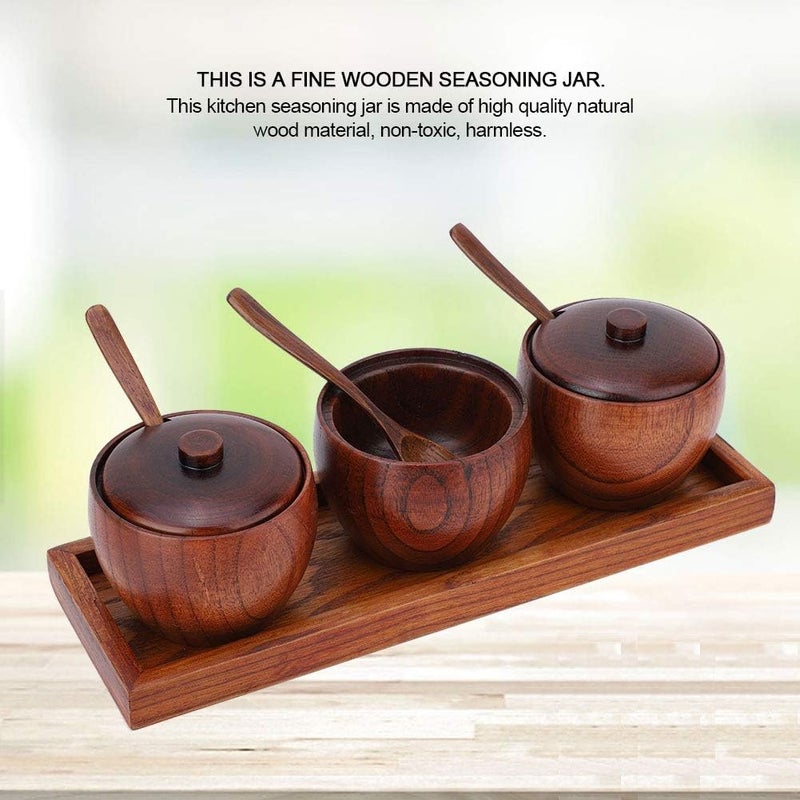 AUDBUA Retro Hard Wood Condiment Jar Set Spice Storage Containers with Wood Lids and Wooden Spoon Kitchen Canister With 3 pcs Wood Spice Condiment Jars Salt Box - Image 2