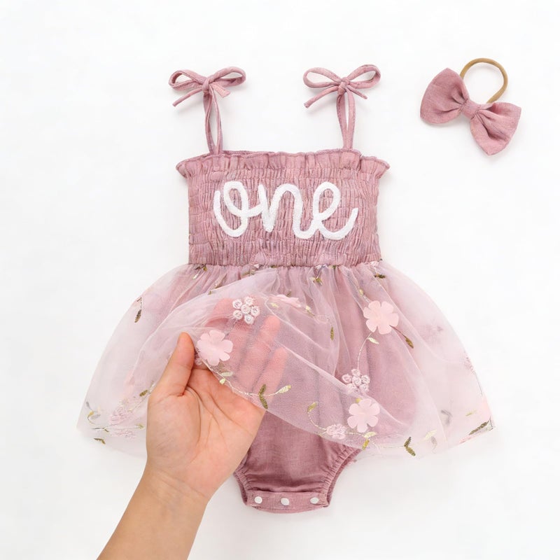 TITKKOP Baby Girl 1st Birthday Clothes One Year Old Tulle Romper Sleeveless Bodysuit Cake Smash Outfits(Flesh pink,12-18M) - Image 3