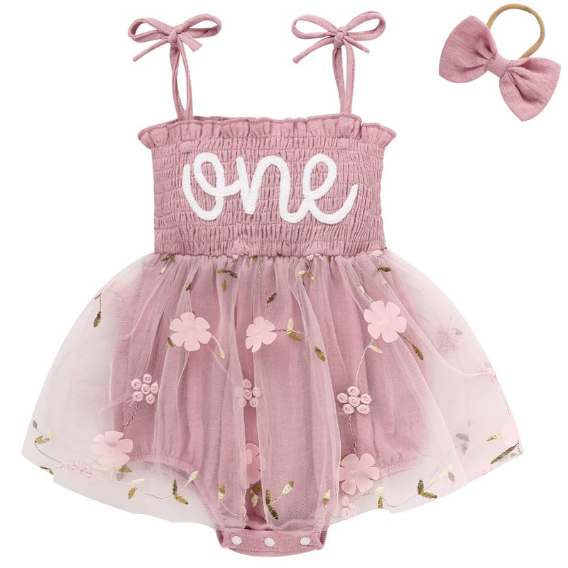 TITKKOP Baby Girl 1st Birthday Clothes One Year Old Tulle Romper Sleeveless Bodysuit Cake Smash Outfits(Flesh pink,12-18M) - Image 1