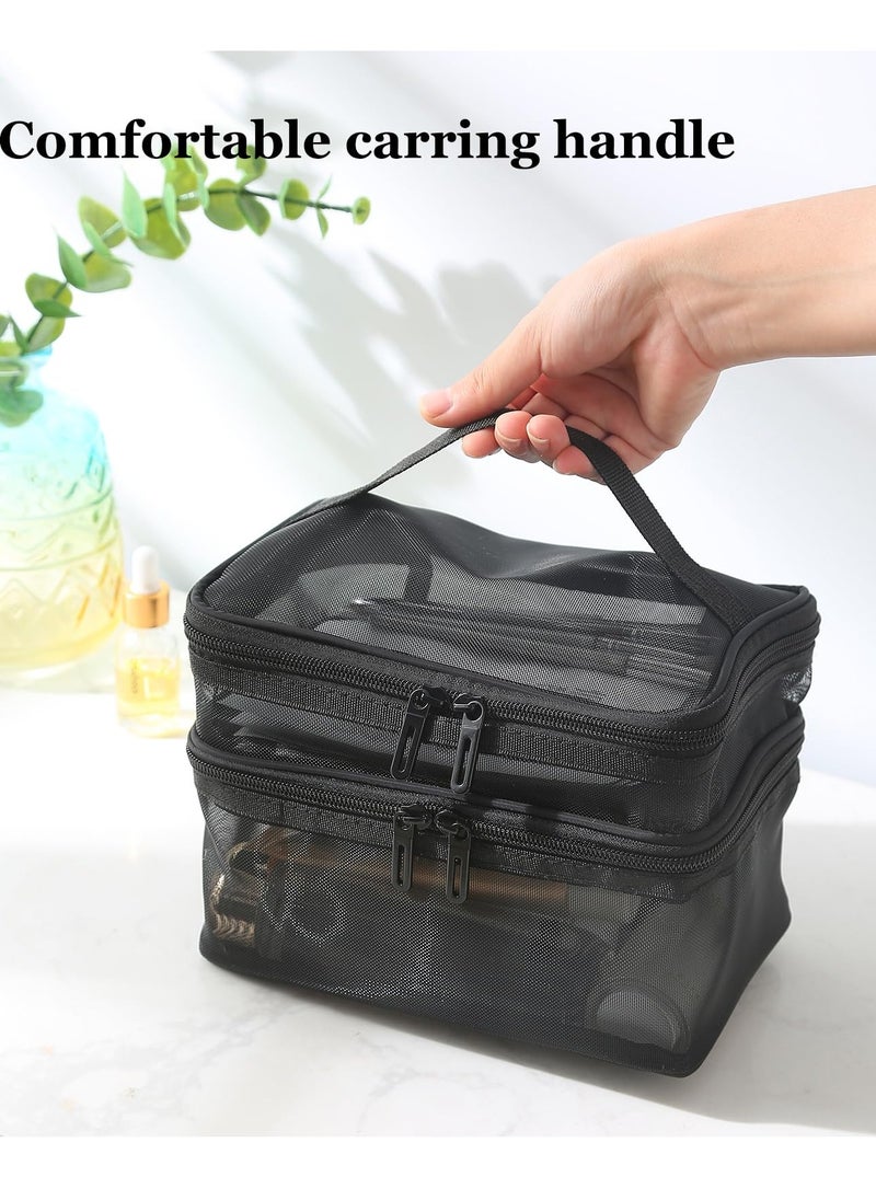 KHAJUL - Double Layer Travel Makeup Bag , Mesh Cosmetic Bag , Large Toiletry Bag for Women Makeup Bag Organizer with Handle(Black) - Image 1