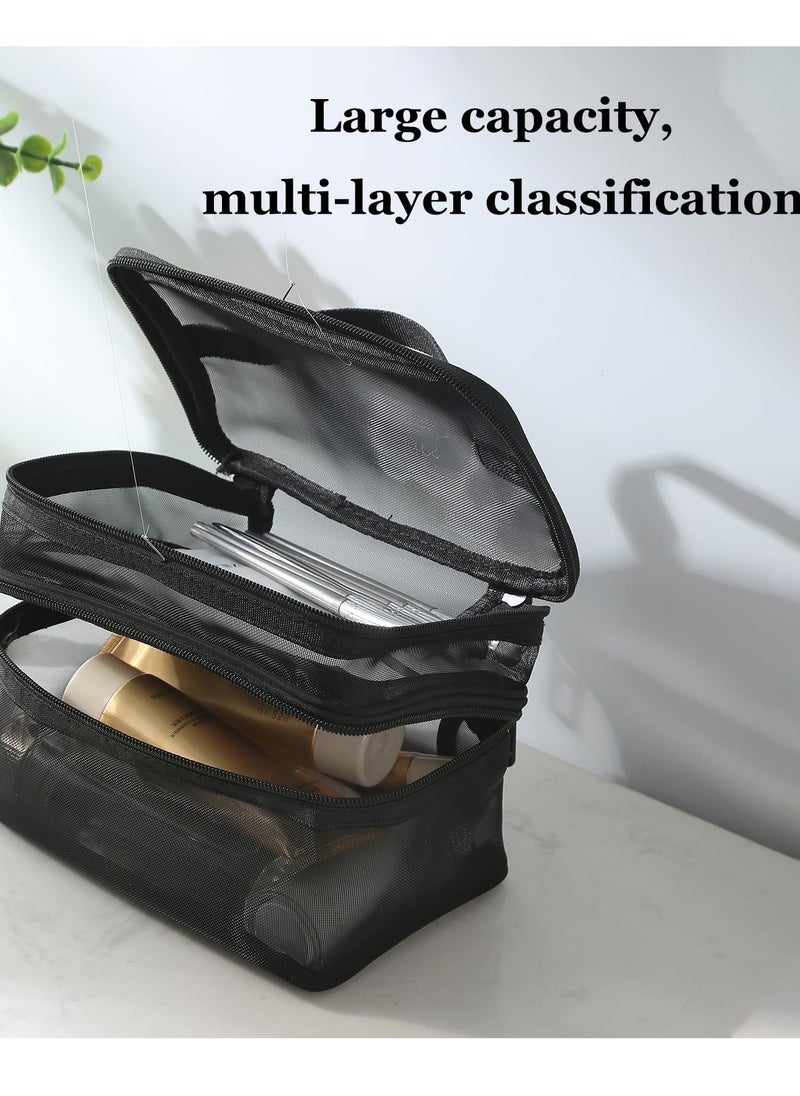 KHAJUL - Double Layer Travel Makeup Bag , Mesh Cosmetic Bag , Large Toiletry Bag for Women Makeup Bag Organizer with Handle(Black) - Image 1