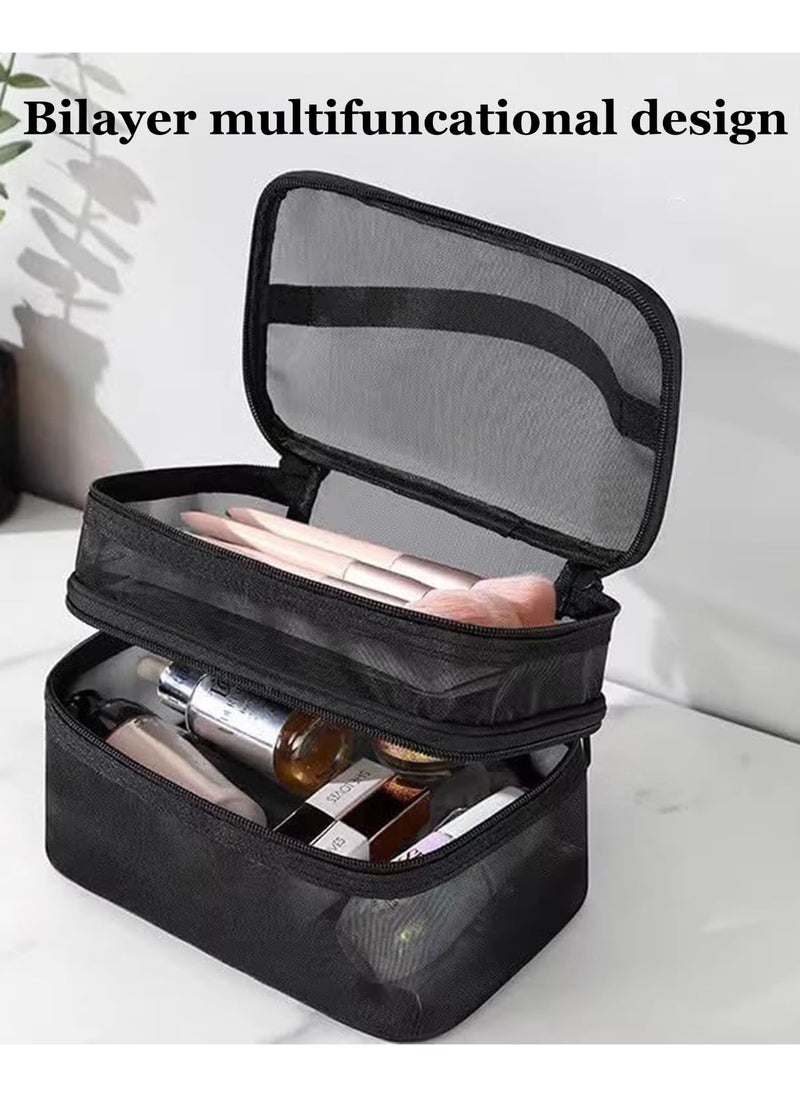 KHAJUL - Double Layer Travel Makeup Bag , Mesh Cosmetic Bag , Large Toiletry Bag for Women Makeup Bag Organizer with Handle(Black) - Image 1