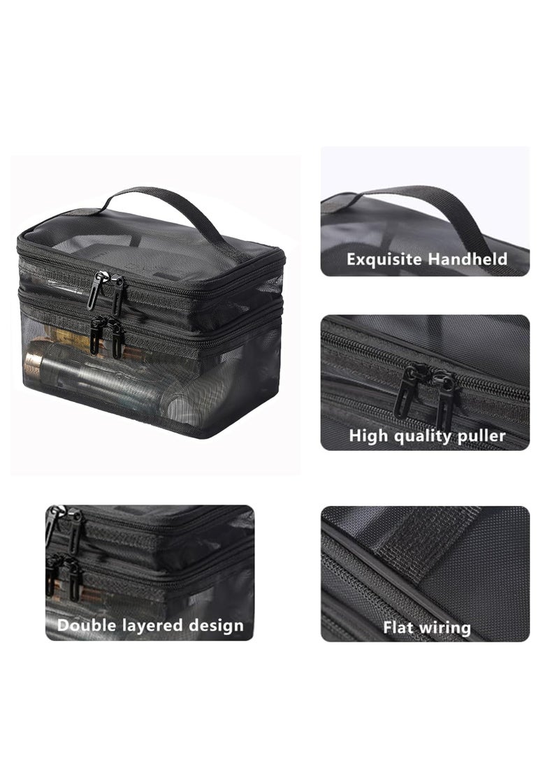 KHAJUL - Double Layer Travel Makeup Bag , Mesh Cosmetic Bag , Large Toiletry Bag for Women Makeup Bag Organizer with Handle(Black) - Image 1