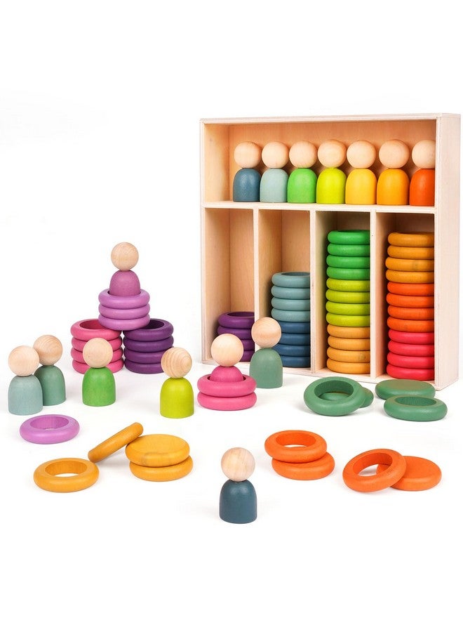 Agirlgle Montessori Toys Wooden Color Sorting Stacking Rings Toy Rainbow Wooden Peg Dolls Counting Toys Circular Building Blocks Stacking Game Preschool Learning Education Fine Motor Skill Toys For Toddlers - Image 1