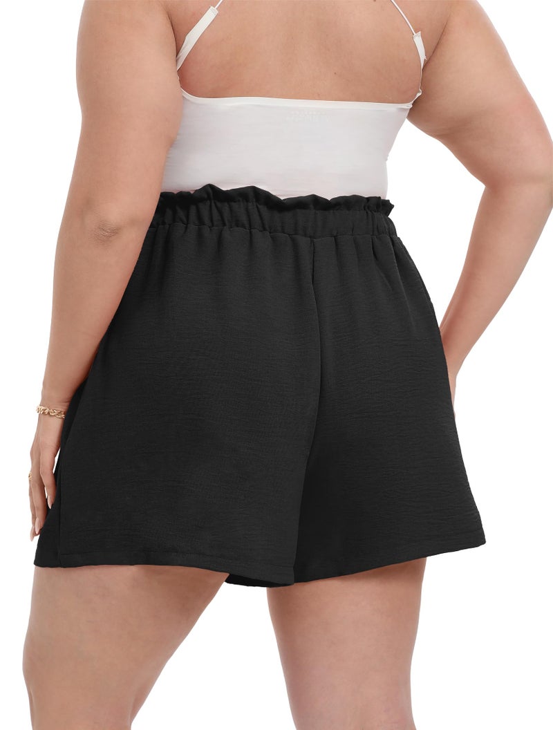 OLRIK Plus Size Shorts for Women 2026 Summer Casual Ruffle Belted Waist Lightweight Adjustable Tie Knot Loose with Pockets Black-3X - Image 5