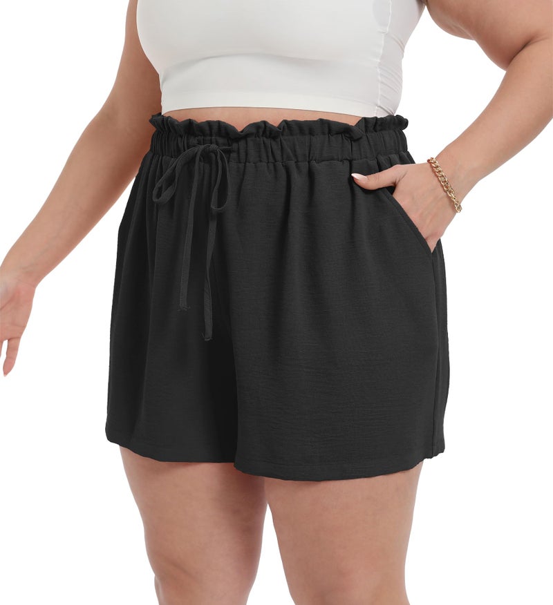 OLRIK Plus Size Shorts for Women 2026 Summer Casual Ruffle Belted Waist Lightweight Adjustable Tie Knot Loose with Pockets Black-3X - Image 2