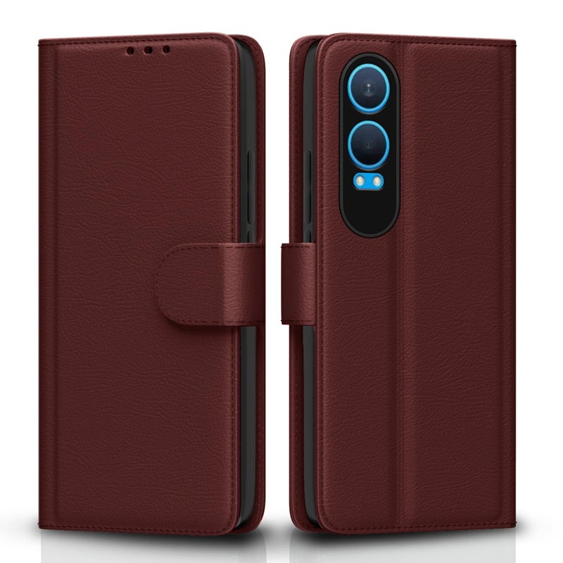 Pikkme غطاء قابل للطي بتشطيب جلدي | داخل TPU مع جيوب للبطاقات | حامل محفظة ومضاد للصدمات | غطاء حماية كامل لهاتف OnePlus Nord CE 4 Lite 5G (بني) - Image 1