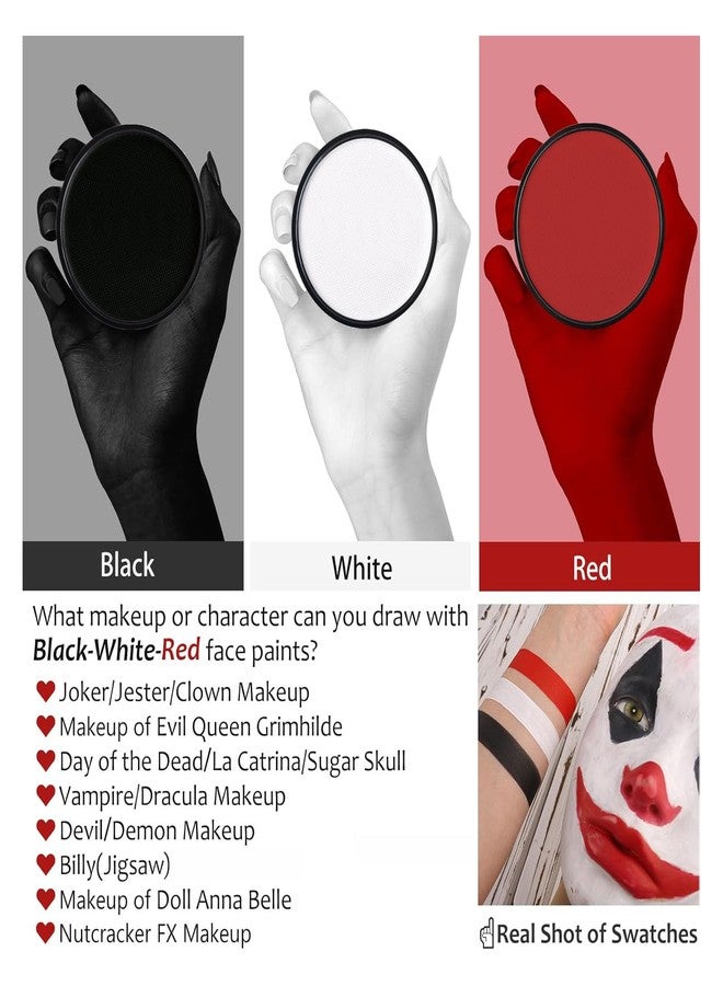 SeunKieer Black + White + Red Face Body Paint, Water-Based Face Painting Kit Professional, Large Capacity SFX Makeup Set with brush & Powder puff, Sponge for Halloween Makeup Clown, Cosplay, Stage - Image 2