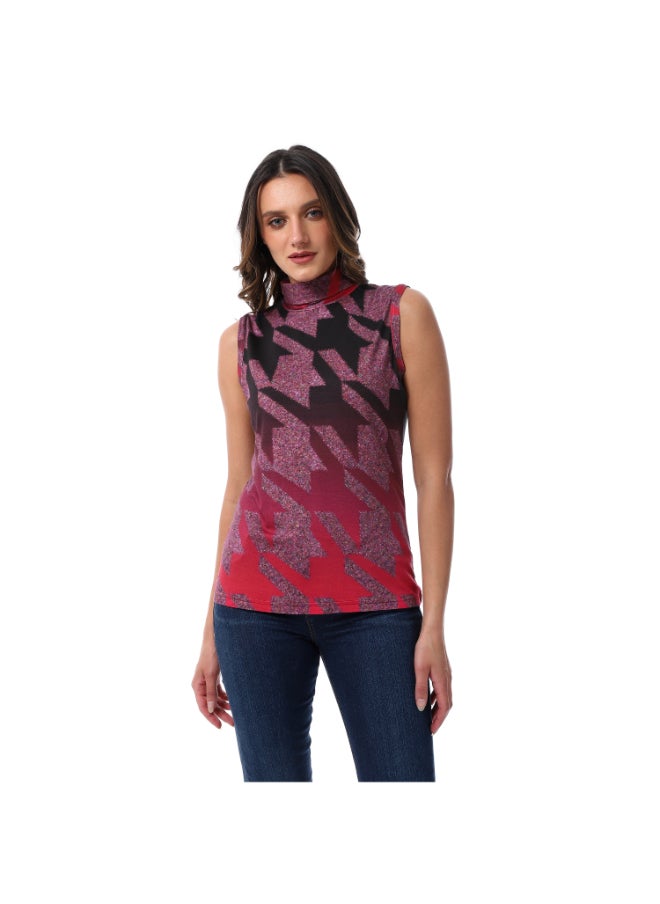 Esla Candy Red & Black Arrows Self Pattern Sleeveless Turtle Neck Blouse  - Image 1