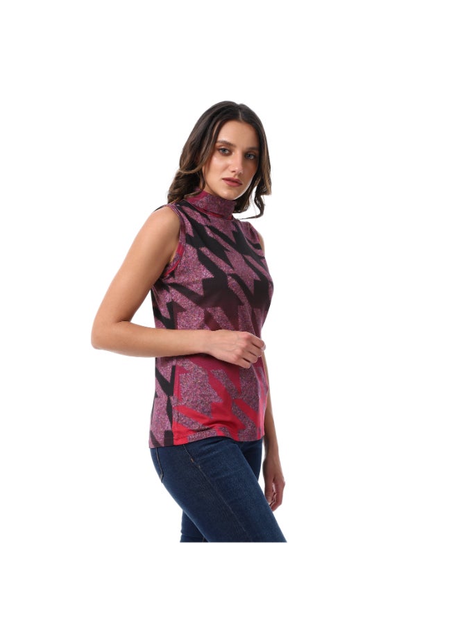 Esla Candy Red & Black Arrows Self Pattern Sleeveless Turtle Neck Blouse  - Image 2