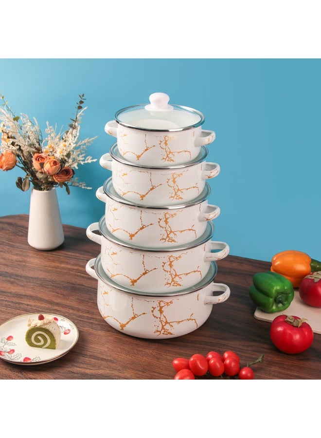 Tradeo Marble Print Enamel Casserole Set with Lid, 6 Pieces Multipurpose Cooking Pots Set - Image 4