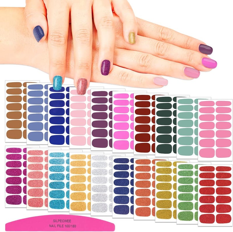SILPECWEE 20 Sheets Glitter Solid Color Nail Polish Strips Full Nail Wraps Self Adhesive Nail Art Stickers Nail Stickers for Women Nail Art Accessories with 1pc Nail File