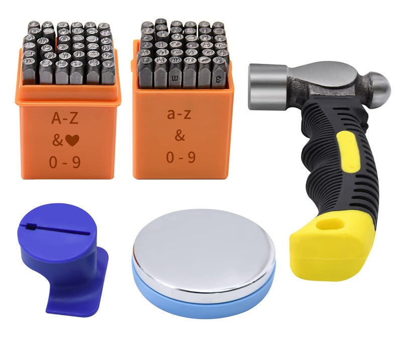 DkOvn 74pcs Metal Stamping Kit, DkOvn Complete Jewelry Making Stamping Tools with 1/8" (3mm) Font Uppercase & Lowercase Letter and Number Punch, Metal Stamping Jig, Hammer and Steel Bench Block(74pcs 3mm) - Image 1